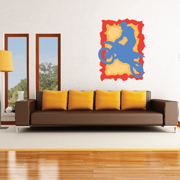 Blue and red dirt bike rider wall sticker with yellow accents