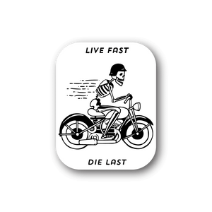 Vinyl sticker: skeleton on motorcycle, LIVE FAST and DIE LAST text.
