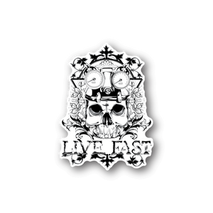 White skull stopwatch vinyl sticker with 'LIVE FAST' text