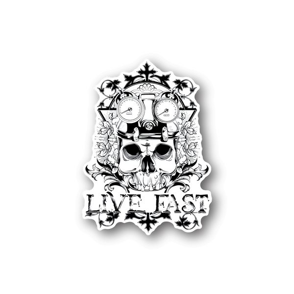 White skull stopwatch vinyl sticker with 'LIVE FAST' text