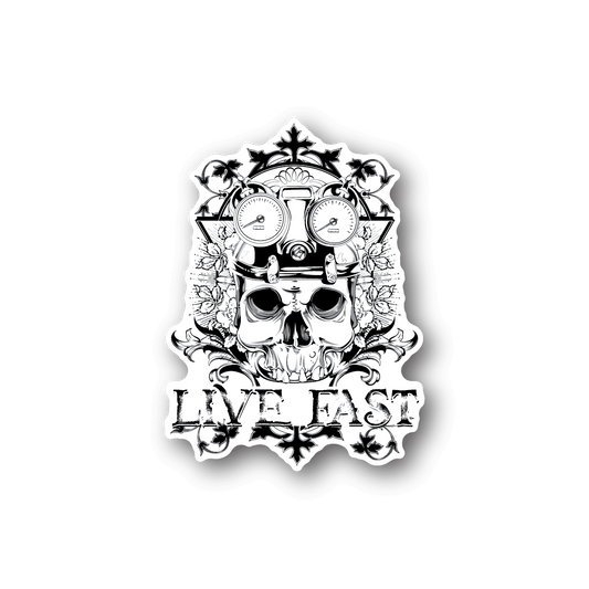 White skull stopwatch vinyl sticker with 'LIVE FAST' text