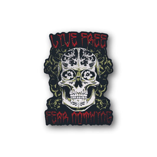 Vinyl sticker with skull artwork and red dripping lettering
