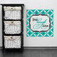 Teal geometric wall decal with 'live laugh love' in ornate frame, cursive typography