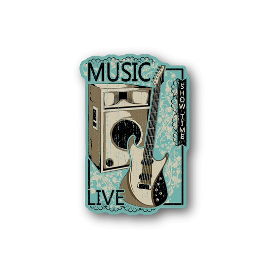 Vinyl music sticker with teal guitar and amp, reads MUSIC and LIVE