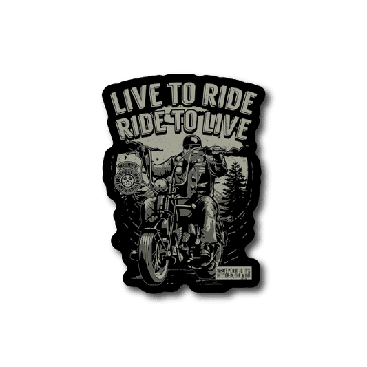 Motorcycle vinyl sticker with rider graphic and “Live to Ride, Ride to Live” text