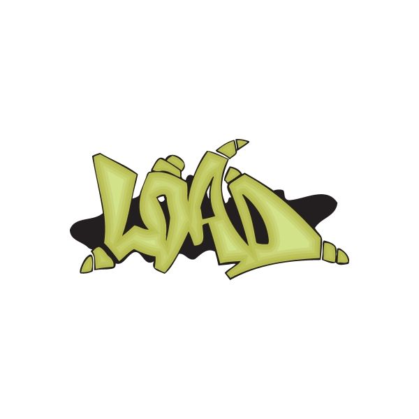 Graffiti-style sticker with lime green lettering and dark outlines