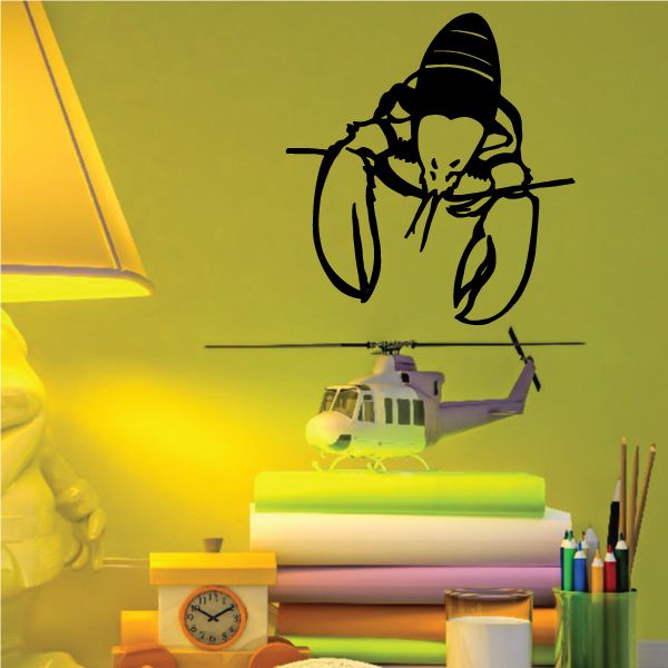 Lobster looking decal sticker, black line-art lobster on a wall