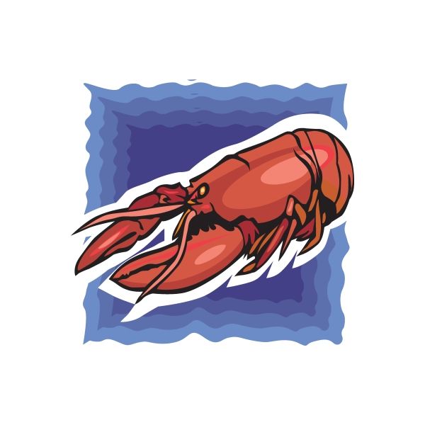 Lobster sticker with red lobster illustration and white outline on blue wavy backing