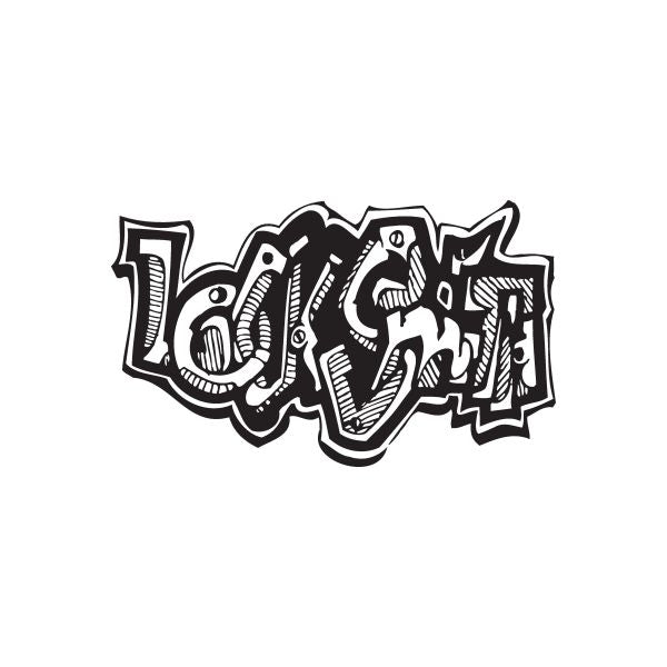 Graffiti-style lettering decal in black and white