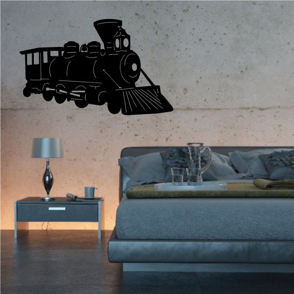 Black locomotive engine wall decal with detailed steam engine illustration.