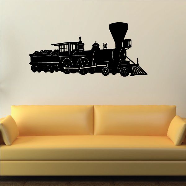 Black locomotive with coal car wall decal, silhouette of train engine and car