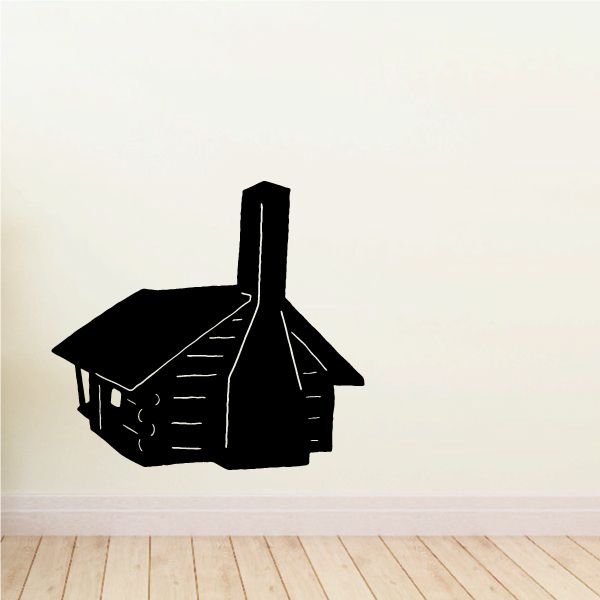 Black log cabin wall decal with tall chimney and side window details