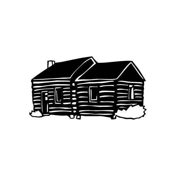 Log cabin vinyl window decal sticker, black with white outline and panel lines.