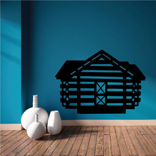 Log cabin wall decal: black house silhouette with door and window