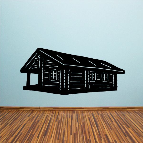 Log cabin with porch wall decal, black design with window and door details