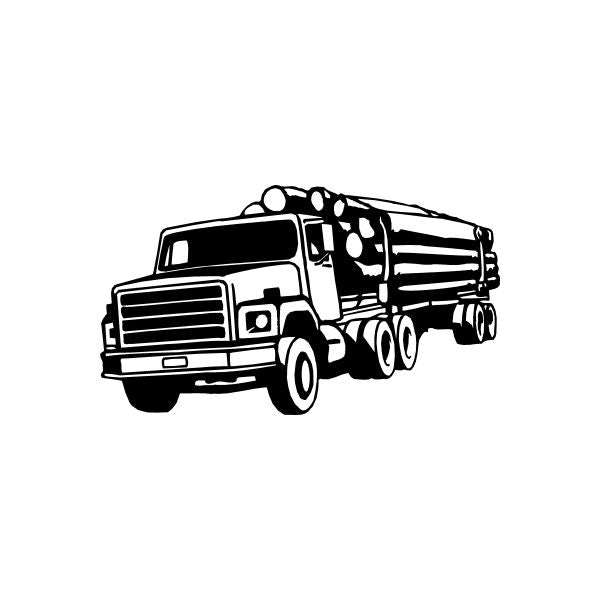 Logging truck decal, black line-art side view with raised logs