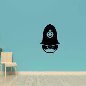 London-style bobby cop hat decal, black with light blue badge and mustache face