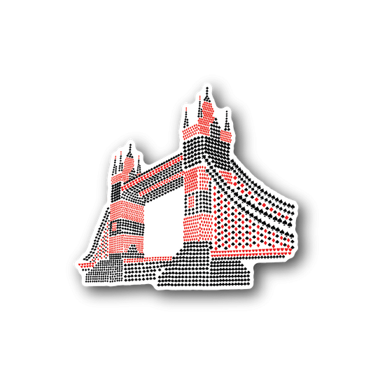 Vinyl bridge deck collage sticker, red and black-and-white checkered tower shapes