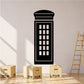 London phone booth decal, black outlined booth with window grid.