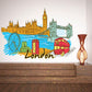 London sticker with colorful skyline, red bus, London text and blue river