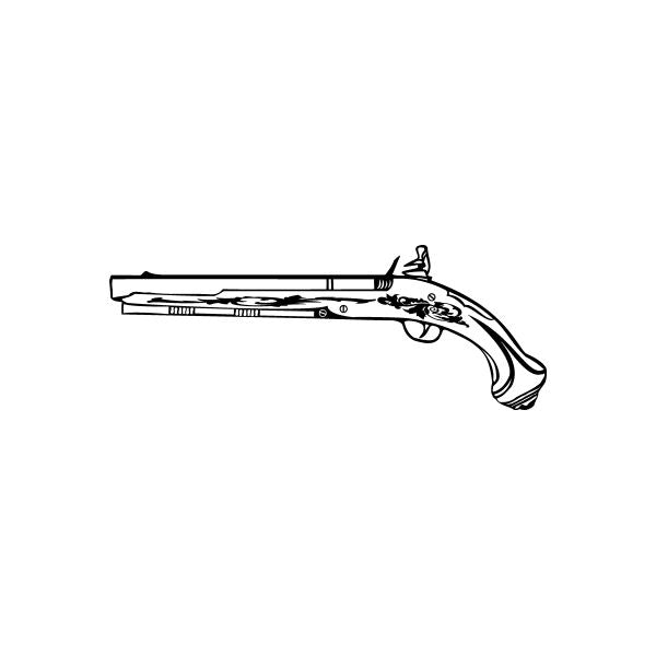 Flintlock pistol detail decal, long-barrel side profile in black line art