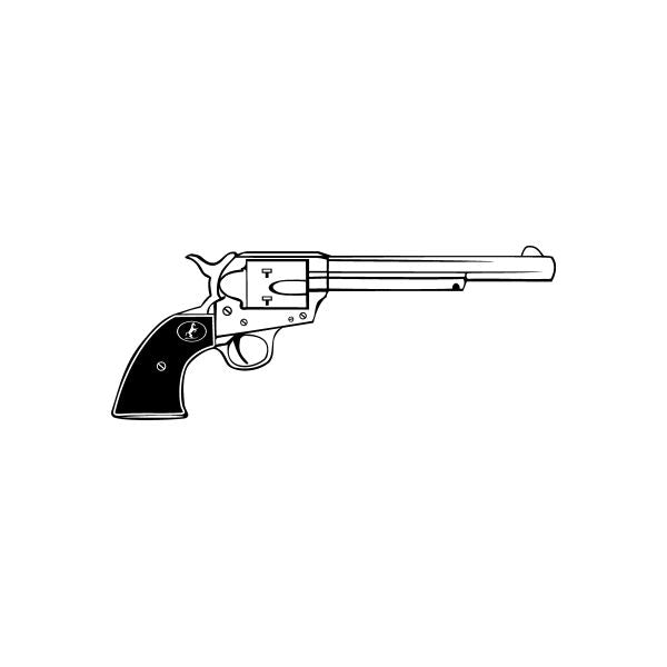 Long-barrel revolver detail decal, black and white outlined handgun illustration