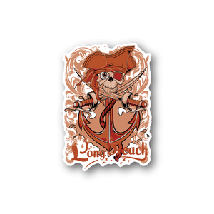 Pirate skull vinyl sticker with orange bandana and crossed swords, Long Beach text