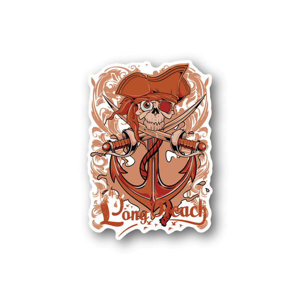 Pirate skull vinyl sticker with orange bandana and crossed swords, Long Beach text