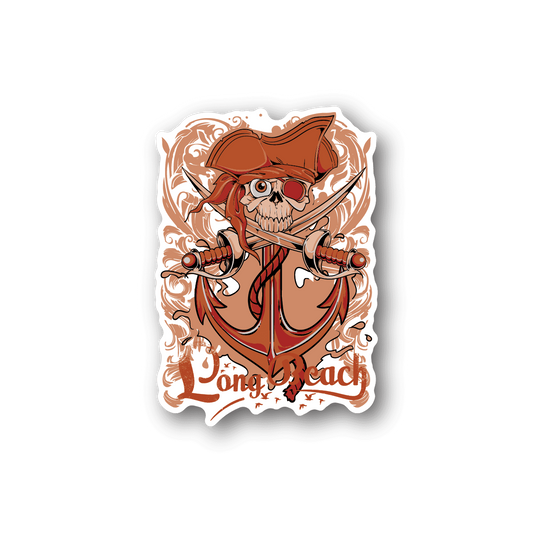 Pirate skull vinyl sticker with orange bandana and crossed swords, Long Beach text