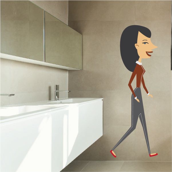 Walking sticker: long dark-haired woman in red top, dark dotted pants, red shoes