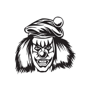 Clown head hat decal with long hair and black-and-white face graphic