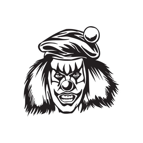 Clown head hat decal with long hair and black-and-white face graphic