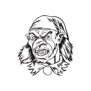 Jester head decal with grinning face, long hair, black-and-white illustration
