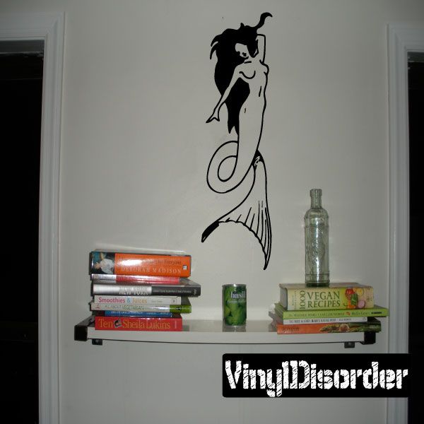 Long hair mermaid wall decal, black silhouette with curly tail and arms raised