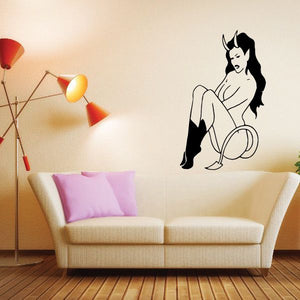 Devil girl wall decal, black-and-white sitting figure with long hair and horns