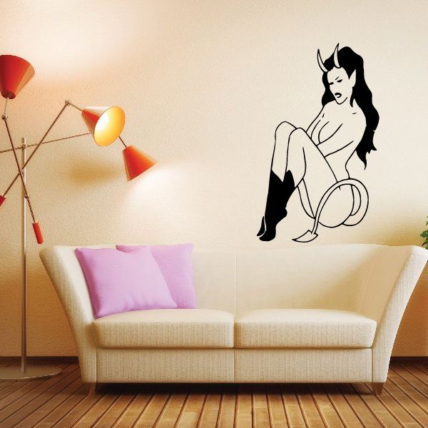 Devil girl wall decal, black-and-white sitting figure with long hair and horns