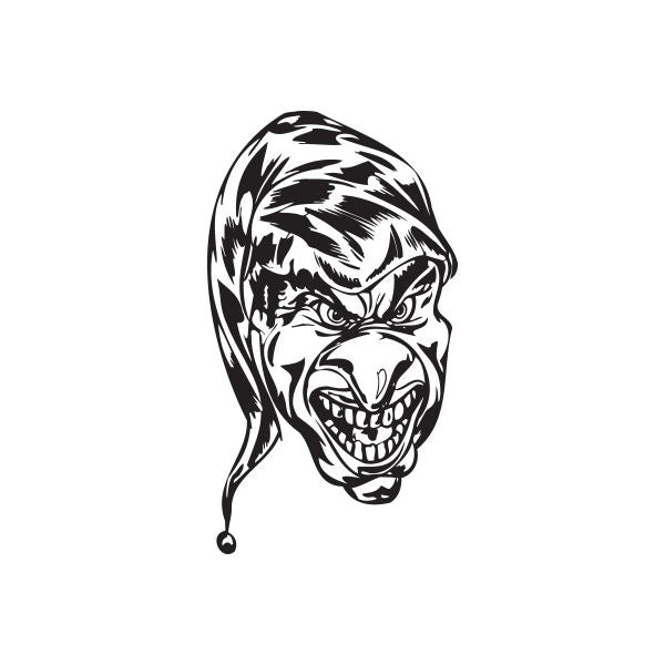 Goblin jester head decal with long striped hat and grinning skull face, black and white