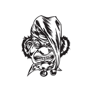 Long jester hat head decal with grinning face and ruffled collar, black and white