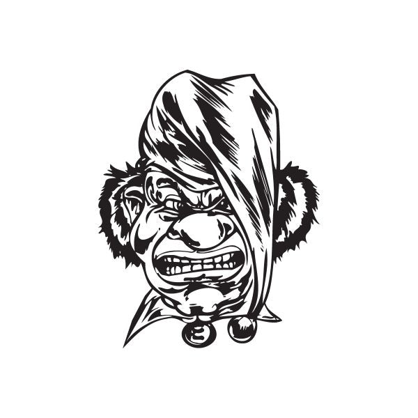 Long jester hat head decal with grinning face and ruffled collar, black and white