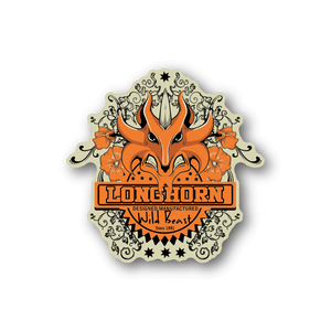 Vinyl sticker with orange longhorn head, ornate frame, and LONGHORN banner