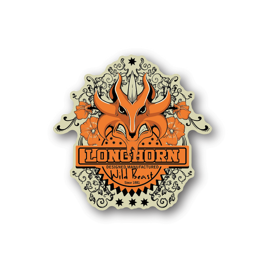 Vinyl sticker with orange longhorn head, ornate frame, and LONGHORN banner