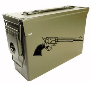 Long revolver detail decal with black revolver graphic on green surface