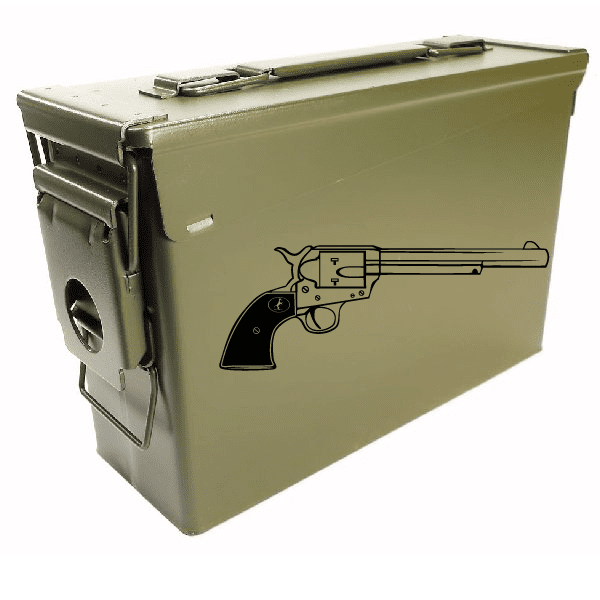 Long revolver detail decal with black revolver graphic on green surface