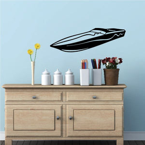 Long speedboat wall decal with black and white outline and wave details