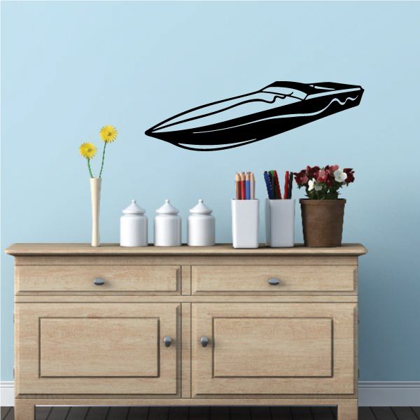 Long speedboat wall decal with black and white outline and wave details