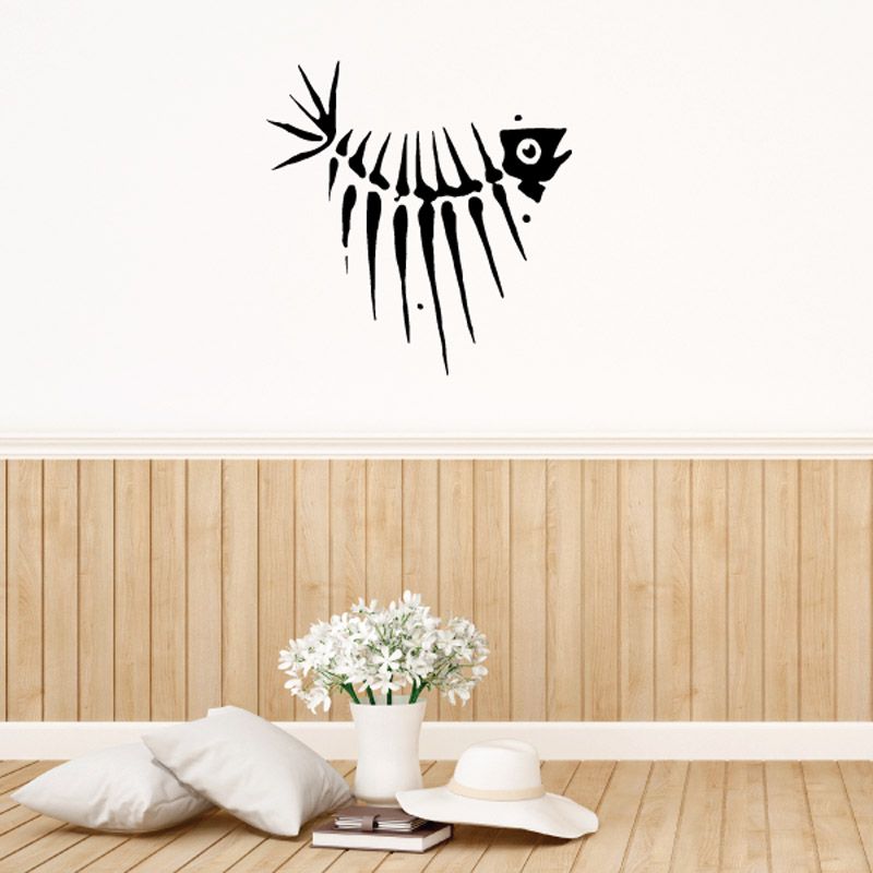 Black line-art spiny skeleton fish decal with long fins and eye detail