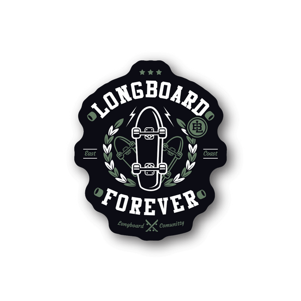 Vinyl sticker showing dark circular Longboard Forever logo with skateboard icon