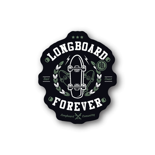 Vinyl sticker showing dark circular Longboard Forever logo with skateboard icon
