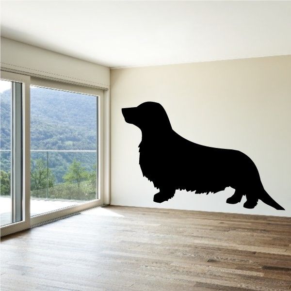 Longhaired dachshund wall decal, black silhouette dog with long legs and ears