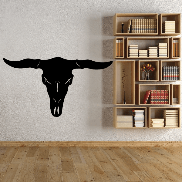 Longhorn skull wall decal, black vinyl silhouette with long horns